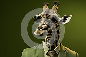 Giraffe with sunglasses wearing suit and tie on solid green background. Generative AI