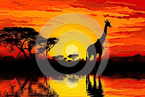 Giraffe at sunset in Africa, vector illustration, eps 10, Giraffe Silhouette - African Wildlife Background - Beauty in Color and