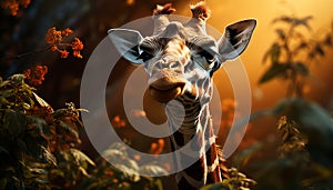 Giraffe in sunset, looking at camera, beauty in nature generated by AI