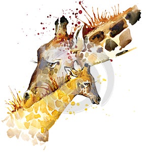 Giraffe T-shirt graphics. giraffe family illustration with splash watercolor textured background. unusual illustration watercolor