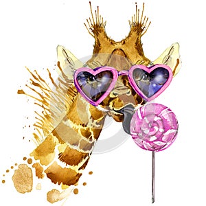 Giraffe T-shirt graphics, giraffe and sweet candy illustration with splash watercolor textured background. unusual illustration wa