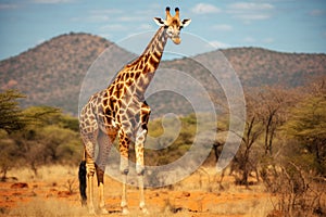 Giraffe in Tsavo East National Park, Kenya, Africa, A large giraffe in a Ruaha National Park, AI Generated