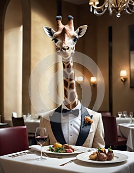 Giraffe in Tuxedo at Fine Dining