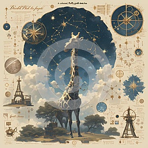 Giraffe Under Starlit Sky with Astronomy Symbols - Artistic Illustration