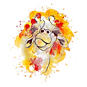 Giraffe vector illustration for t-shirt. Portrait of safari giraffe with watercolored background and splashes