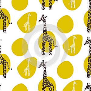 Giraffe vector seamless pattern. Safari animal texture green stains background.