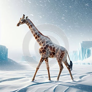 A giraffe walking through an icy desert.