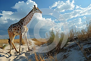 Giraffe walking on a sand dune