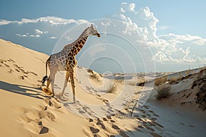 Giraffe walking on a sand dune