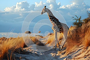 Giraffe walking on a sand dune