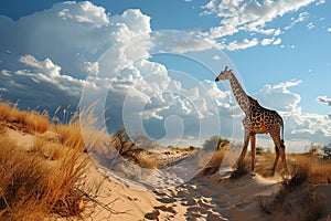 Giraffe walking on a sand dune