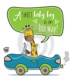 A giraffe waving and driving a car baby shower invitation