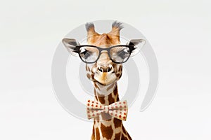 Giraffe wearing glasses and bow tie with white background. Generative AI