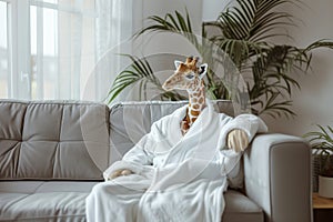 Giraffe in white bathrobe lounging at home, concept of leisure and unique home lifestyle.