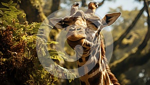 Giraffe in the wild, looking at camera generated by AI