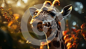 Giraffe in the wild, looking at camera, standing tall and elegant generated by AI