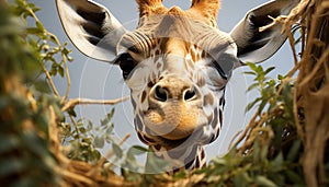 Giraffe in the wild, looking at camera, surrounded by grass generated by AI