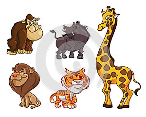 Giraffe Wildboar Gorilla Lion Tiger Set Color Illustration