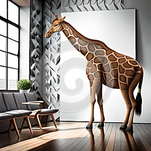 Giraffe by window in studio with giant white canvas
