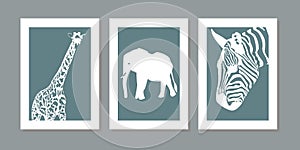 Giraffe, zebra, elephant wall art vector set