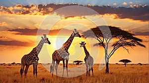 Giraffes in the African savannah. Beautiful african landscape at sunset