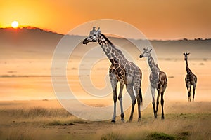 Giraffes in the African savannah. Serengeti National Park. Africa. Tanzania,AI Generated