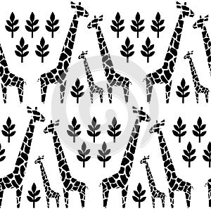 Giraffes family seamless pattern. Safari animal background. Black and white illustration savannah.