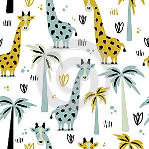 Giraffes and palm trees, seamless pattern