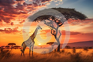 Giraffes roaming the african savannah at sunset, casting a golden glow over the vast landscape