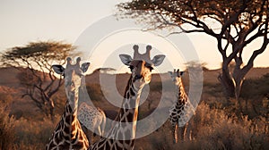 Giraffes in the savannah at sunset