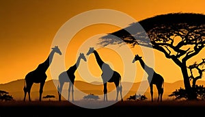 Giraffes silhouetted against a stunning african sunset in the savannah