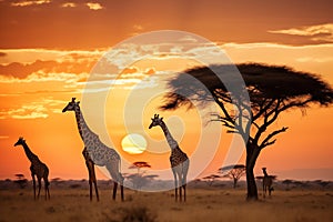 Giraffes silhouettes walking nearly tree at sunset. Generative AI