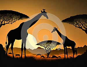 Giraffes standing tall against a stunning african sunset, framed by acacia trees