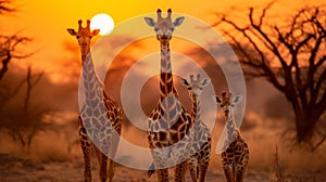 Giraffes and sun setting in the forest