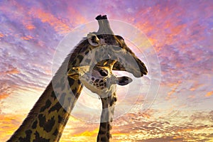 Giraffes and sunset in Tsavo East and Tsavo West National Park