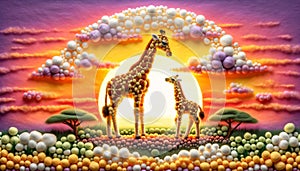 Giraffes in a Whimsical Savannah Landscape at Sunset