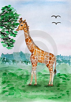 Girafffe on the grass near the tree. Art illustration watercolor painting