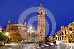 Giralda and Seville Cathedral at night, Spain