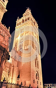 Giralda tower of Seville Cathedral at night, Spain