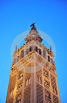 The Giralda Tower at sunset, Cathedral of Seville, Andalusia, Spain