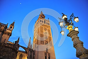 The Giralda Tower at sunset, Cathedral of Seville, Andalusia, Spain