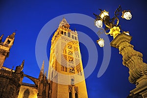 The Giralda Tower at sunset, Cathedral of Seville, Andalusia, Spain