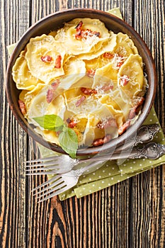 Girasoli pasta with soft cheese, basil leaves and bacon on plate. Vertical top view photo