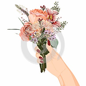 Happy Mother`s Day! Posters with  flowers bouquet in woman hand. Drawings for a card, poster or postcard.