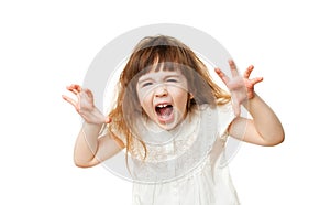 Girl 4-5 years old scares and screams on white background