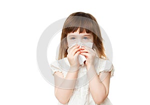 Girl 4-5 years snotting nose on white background