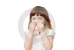 Girl 4-5 years snotting nose on white background