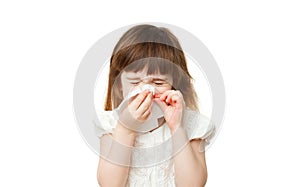 Girl 4-5 years snotting nose on white background