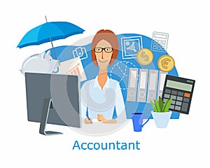 The girl is an accountant. A woman surrounded by symbols and accounting items