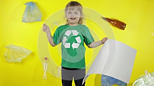 Girl activist holding poster Don`t Trash Our Future. Reduce trash pollution. Save ecology